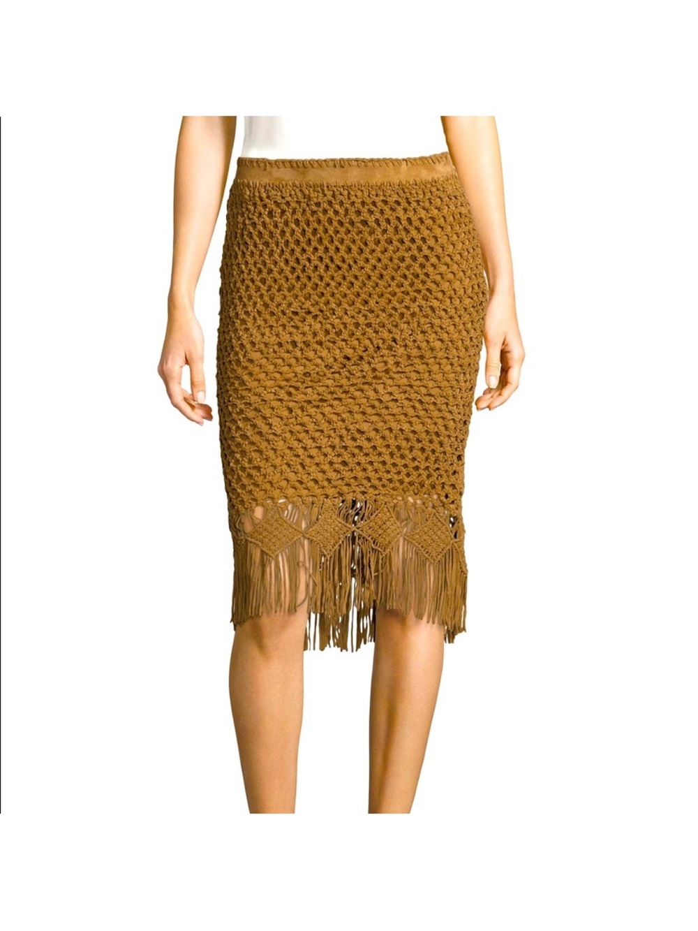 NWT Polo by Ralph Lauren Camel Goat Suede Fringe Pencil Skirt SZ 10